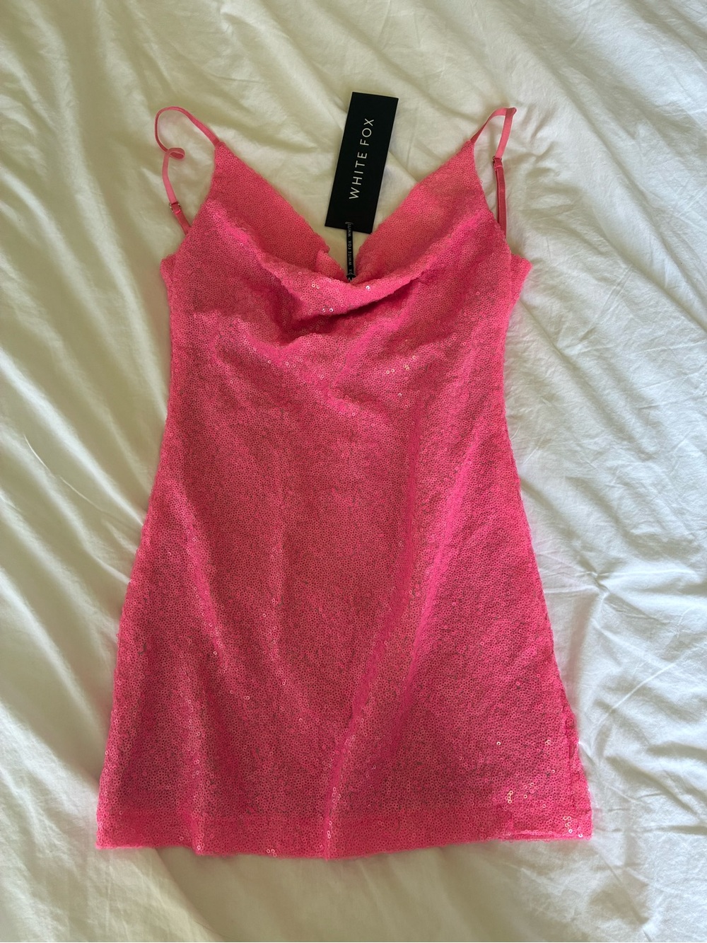 White Fox Boutique Neon Pink Sequin Cowl Mini Dress